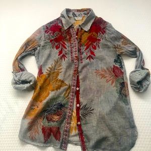 Vintage Goa Gray Embroidered Floral Print Button Down Roll Tab Sleeves Shirt